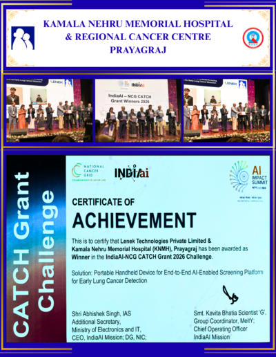 Banner for Kamala Nehru Memorial Hospital Prayagraj with logos, followed by photos of an award ceremony and a 'Certificate of Achievement' slide menued on a blue stage backdrop.