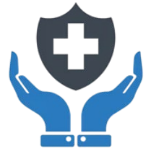 Blue hands cupping a shield with a medical cross, symbolizing health protection and care