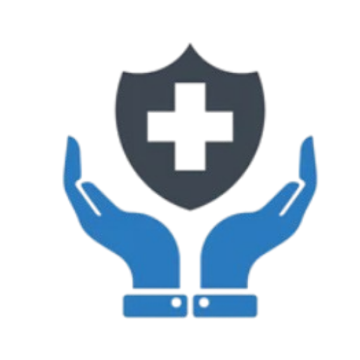 Blue hands cupping a shield with a medical cross, symbolizing health protection and care