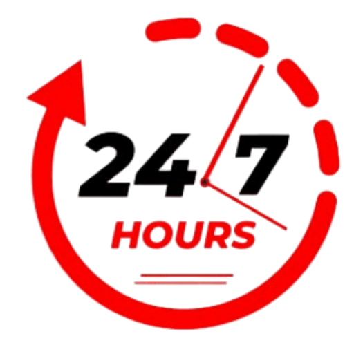 Red circular clock/arrow icon signaling 24/7 hours service availability, with the word HOURS in bold red text behind the clock hands