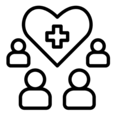 Outline of five people around a large heart with a medical cross in the center, representing community health care.