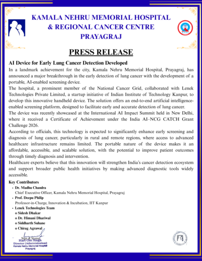 Press release from Kamala Nehru Memorial Hospital announcing an AI-powered device for early lung cancer detection, with logos, headings, and signatures.