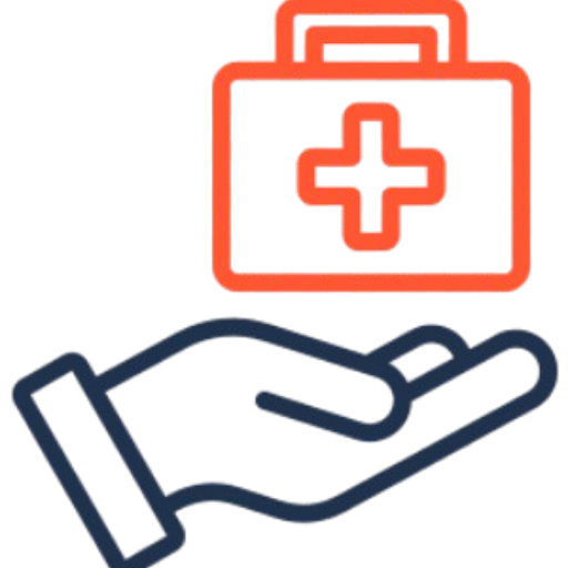 Open hand supporting a red first aid kit with a cross on it, symbolizing medical help