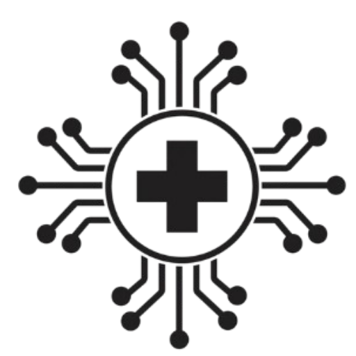 Round black icon featuring a central medical cross with circuit-like spokes radiating outward, suggesting healthcare technology