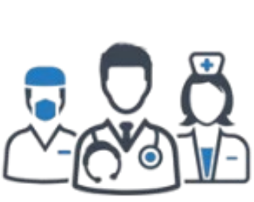 Healthcare team icon showing a doctor, nurse, and surgeon in scrubs and masks, symbolizing medical staff collaboration
