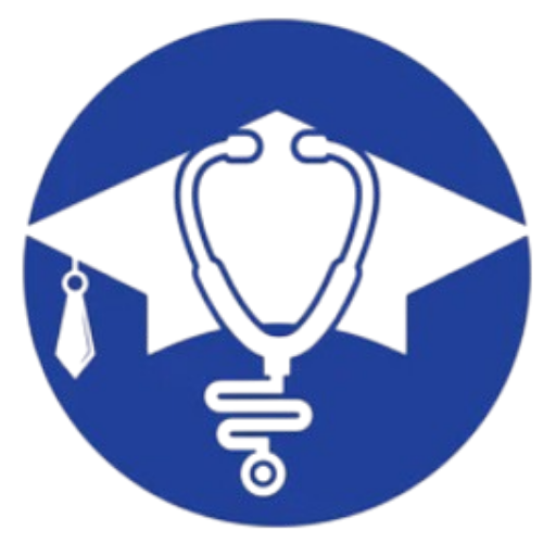 Blue circular logo that combines a graduation cap with a stethoscope to symbolize medical education or training in healthcare.