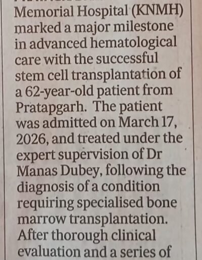 Newspaper article on an advanced stem cell transplant at KNMH in Prayagraj, outlining a 62-year-old patient's structured treatment plan.