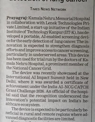 Newspaper headline: Kamala Nehru hospital, IIT-K develop AI device for detection of lung cancer; Times News Network reports on collaboration for a portable AI screening tool, especially for rural areas.