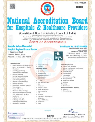 NABH accreditation certificate for Kamala Nehru Memorial Hospital Regional Cancer Centre, featuring the NABH logo, certificate number H-2019-0609, and institution details.